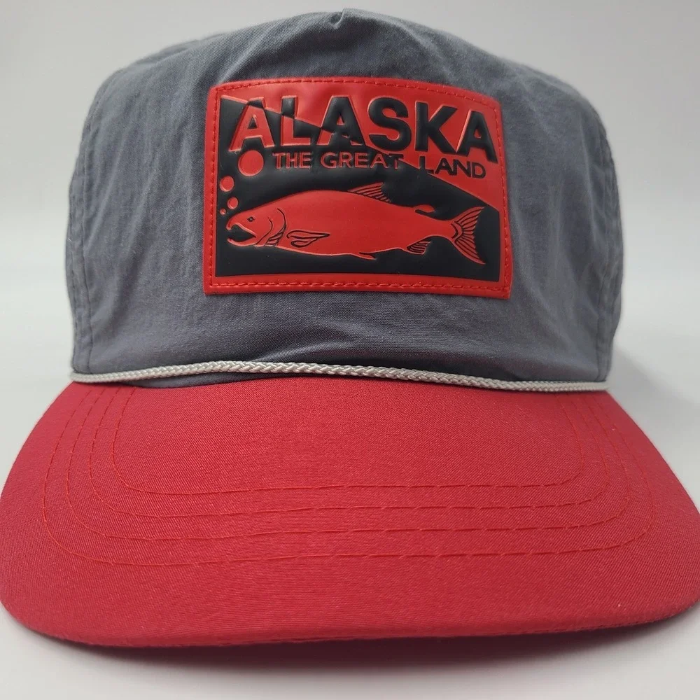Vintage Alaska Hat Adjustable Rope Nylon The Great‎ Land Fish Gray Red Outdoors